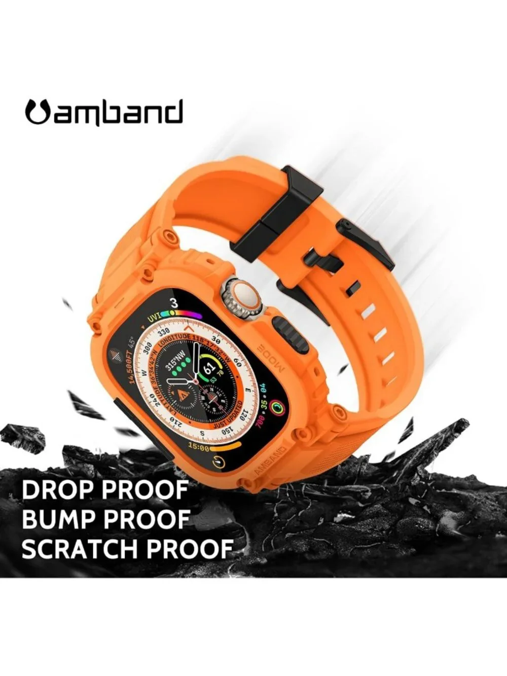 Rugged Apple Watch Case & Screen Protector, 49mm, Tempered Glass, Orange Strap